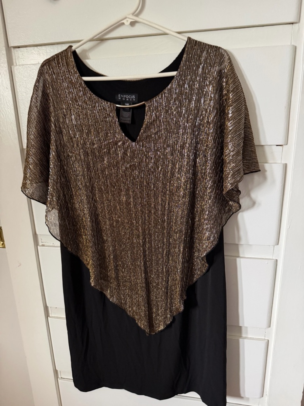 Enfocus Studio Black Midi Dress with Shimmery Gold Overlay
